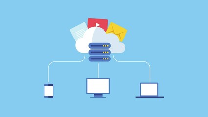 Cloud computing - secure cloud storage server - cloud web hosting - digital device internet communication technology - 2d animation 4k video clip.