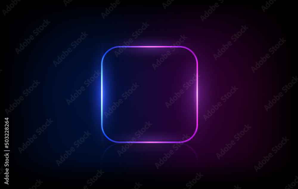 Poster neon rounded square frame with shining effects on dark background. empty glowing techno backdrop. ve