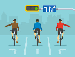 Traffic regulation on roads. Safe bicycle riding. Lane direction road sign and road marking. Back view of a cyclists showing turning gesture while cycling. Flat vector illustration.