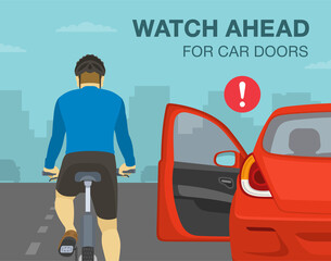 Safe bicycle riding and traffic regulation rules. Watch ahead for car doors. Avoid the door zone. Driver opens car door in front of cyclist. Flat vector illustration template.