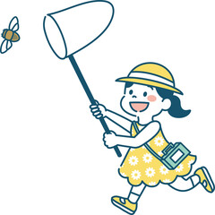 虫取りをする子どものイラスト　セミ　女の子　	
