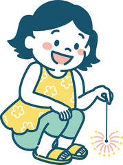 Fototapeta premium 花火をする子どものイラスト 手持ち花火 女の子