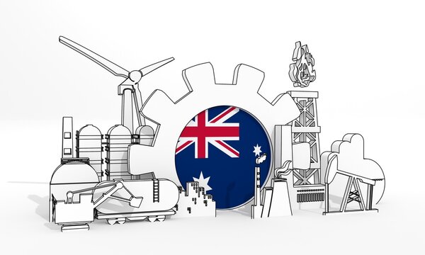 Energy and power industrial concept. Industrial icons and gear with flag of Australia. 3D Render