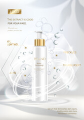 Cosmetic set ads,White gold luxury. Science abstract vector background design with DNA molecular structure. 3d molecules or atoms model illustration, scientific banner for medicine, biology.