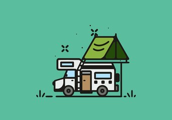 Camping with camper van line art illustration