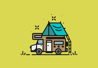 Camping with camper van line art illustration