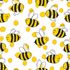 Seamless pattern with bees on white honeycomb background. Small wasp. Vector illustration. Adorable cartoon character. Template design for invitation, cards, textile, fabric. Doodle style