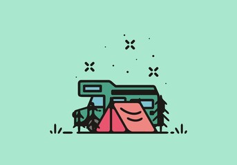Camping with camper van line art illustration
