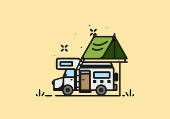 Camping with camper van line art illustration