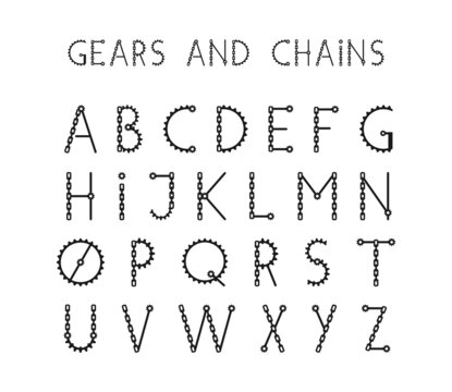 English alphabet, capitals made of gears, cogwheels and chains. Black letters on a white background. Vector decorative font for text, lettering, heading, signage and label. Mechanical theme. Template