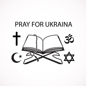 The holy book of the on the stand,   rosary.  Pray for Ukraine with symbols Islamic, Christian, Jewish and Hindu religion. Support of the people of Ukraine. Stop war. 