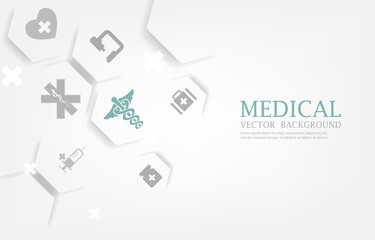 Modern geometric hexagon shape with medical icons.white medical vector background