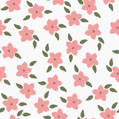 Simple vintage pattern. pink flowers, green leaves. white background. Fashionable print for textiles, wallpaper and packaging.