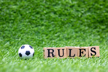 Soccer ball with word rules on green grass