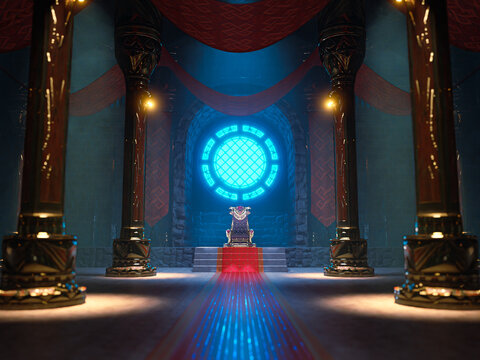 The scene of the king's throne hall with a blue circle lighting window in 3D renderings.