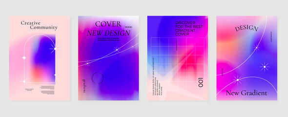 Fototapeta premium Abstract purple gradient liquid cover template. Set of modern poster with vibrant graphic color, hologram, line grid , star elements. Futuristic design for brochure, flyer, wallpaper, banner.