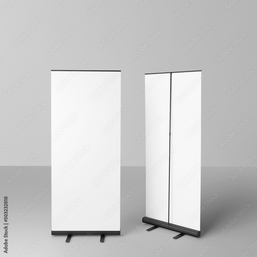 Canvas Prints blank white roll-up banner display mockup, isolated, 3d rendering.