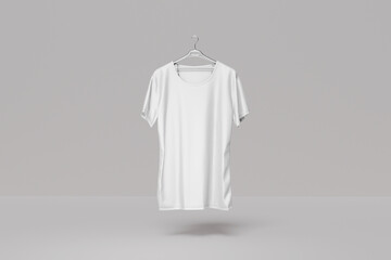 Blank white t-shirt mockup, front view, 3d rendering. Empty shirt on hanger. 3d render