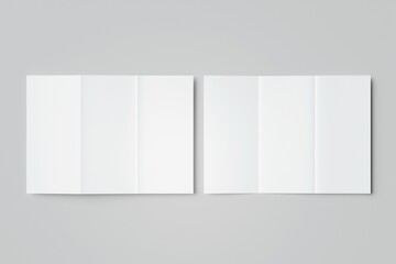 White stationery: blank trifold paper brochure on gray background with soft shadows and highlights. 3d render