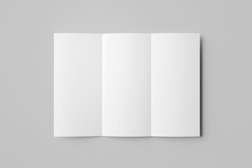 White stationery: blank trifold paper brochure on gray background with soft shadows and highlights. 3d render