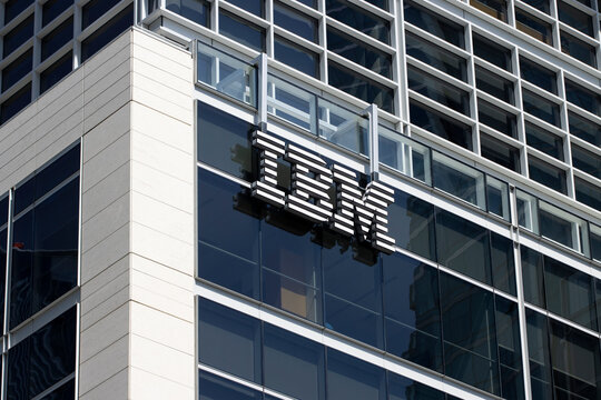 San Francisco, CA, USA - May 1, 2022: IBM logo is seen at its office in the Financial District of San Francisco, California. International Business Machines Corporation is a global tech company.
