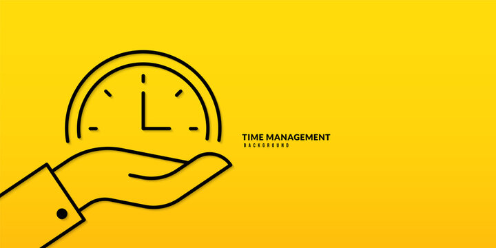 Hand holding clock thin line drawing  background. Time management and Self organization concept