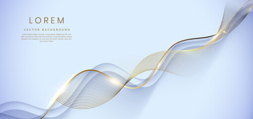 Abstract 3d white background with gold lines curved wavy sparkle with copy space for text. Luxury style template design.