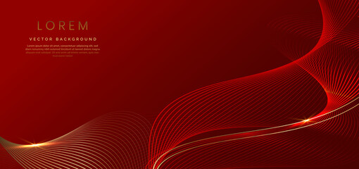 Abstract luxury golden lines curved overlapping on dark red background. Template premium award design.