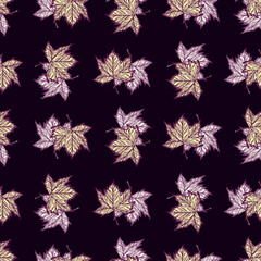 Leaves maple engraved seamless pattern. Vintage background botanical with canadian foliage in hand drawn style.