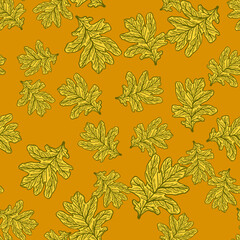 Leaves oak engraved seamless pattern. Retro background botanical with forest foliage in hand drawn style.