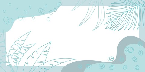 Tropical summer and Beach concept frame. Summer template decoration with tropical leaves on blue background. Summer illustration for banner, web, app, card, poster and design. Vector illustration.