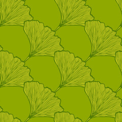 Seamless pattern engraved leaves Ginkgo Biloba. Vintage background botanical with foliage in hand drawn style.