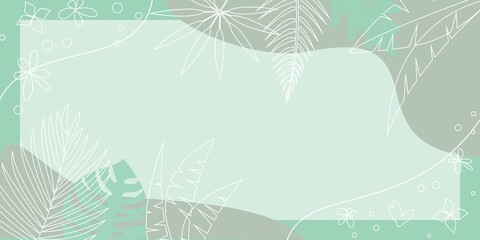 Tropical summer and Beach concept frame. Summer template decoration with tropical leaves on green background. Summer illustration for banner, web, app, card, poster and design. Vector illustration.
