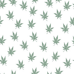 Leaves cannabis engraved seamless pattern. Retro background botanical with leaf marijuana in hand drawn style.
