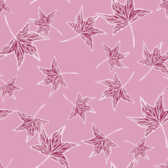 Seamless pattern engraved tree leaves. Vintage background botanical with foliage in hand drawn style.