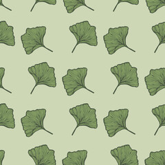 Seamless pattern engraved leaves Ginkgo Biloba. Vintage background botanical with foliage in hand drawn style.