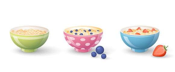 Oatmeal porridge with berries. Plates of oats boiled porridge and healthy food. Set of breakfast with oat flakes, blueberry, strawberry in colorful bowls. Oatmeal with milk, yogurt. Flat design vector