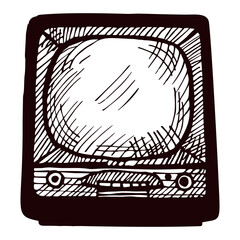 Retro TV engraved isolated on white background. Vintage television media equipment in hand drawn style.
