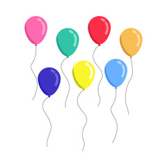 Bunch of balloons in cartoon style for birthday and party on White background. Flying ballon with rope. Vector illustration