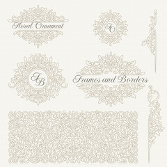 Floral contour monograms and borders, frames, seamless pattern for cards, invitations, menus, labels.  Classic ornament. Graphic design pages, business sign, boutiques, cafes, hotels.