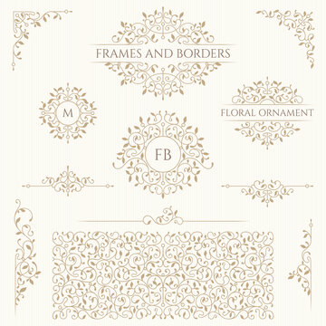Floral monograms and borders, frames, corners, seamless pattern for cards, invitations, menus, labels.  Classic ornament. Graphic design pages, business sign, boutiques, cafes, hotels.