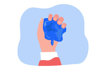 Hand holding blue slime. Person playing with blob for children flat vector illustration. Entertainment, leisure, texture concept for banner, website design or landing web page