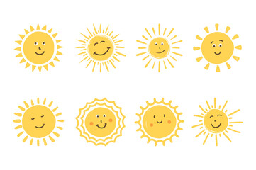 Cute handdrawn smiling suns on white background