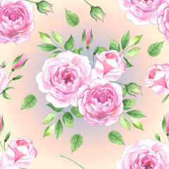 Seamless floral pattern. Pink roses on a light background. Watercolour.