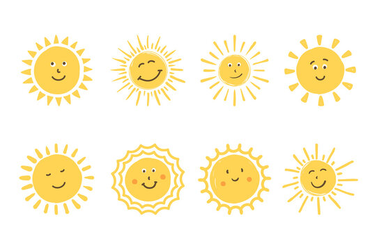 Cute handdrawn smiling suns on white background