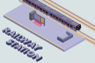駅のホームに停車している電車のアイソメトリックな3Dベクターイラスト.