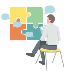 Business man planing jigsaw puzzle strategy vector illustration, business concept