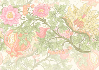 Fototapeta na wymiar Fantasy flowers in retro, vintage, jacobean embroidery style. Seamless pattern, background. Vector illustration.