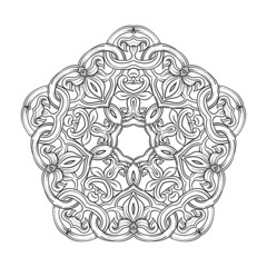 Interlacing circular abstract ornament in the medieval, romanesque style. Mandala. Element for design. Outline hand drawing vector illustration.