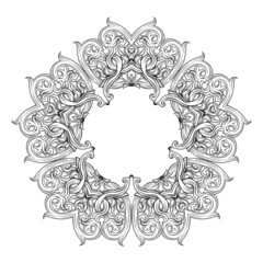 Interlacing circular abstract ornament in the medieval, romanesque style. Mandala. Element for design. Outline hand drawing vector illustration.